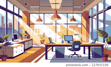 Sunlight streams through large windows, illuminating the open-plan workspace. 127635336