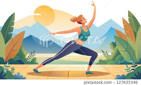 Feeling energized and free, a Caucasian female performs invigorating stretches in a sun-drenched outdoor setting, enjoying the benefits of summer exercise. 127635346