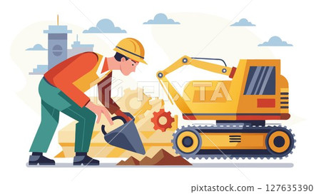 This image showcases the diligent work of a construction worker, carefully examining the components of a large excavation machine to guarantee its safe operation. 127635390