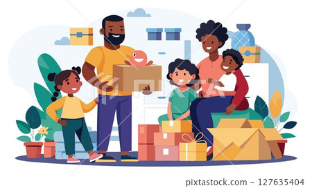 This image beautifully captures the warmth and joy of a Black family settling into their new home, unpacking boxes and creating a space filled with love and happiness. 127635404