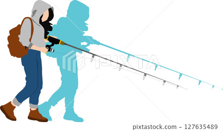 Silhouette illustration of a woman fishing Silhouette illustration of a woman fishing 127635489