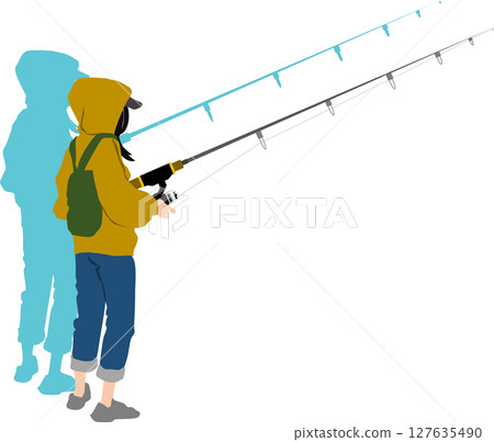 一名婦女在釣魚的剪影插圖 一名婦女在釣魚的剪影插圖 127635490