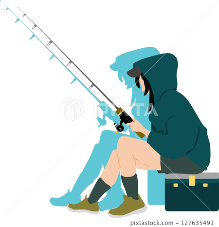 Silhouette illustration of a woman fishing Silhouette illustration of a woman fishing 127635491