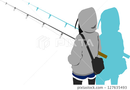 Silhouette illustration of a woman fishing Silhouette illustration of a woman fishing 127635493