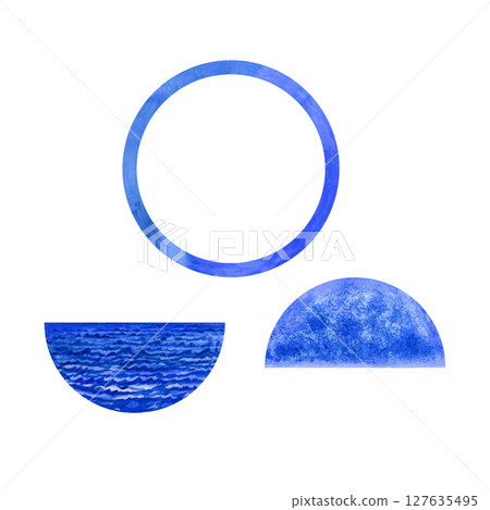 Set for seascape evening in a round frame in a blue-and-white Delftware style for souvenirs, postcards, kitchen decor, nostalgic, romantic 127635495
