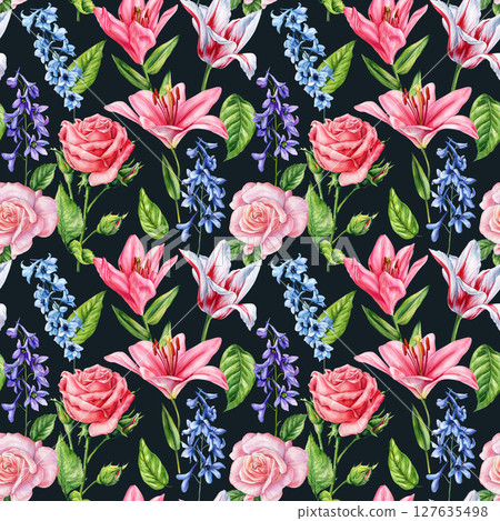 Seamless Watercolor Floral Pattern of Pink Lilies and Roses with Tulips and Blue Delphiniums vivid garden Background 127635498