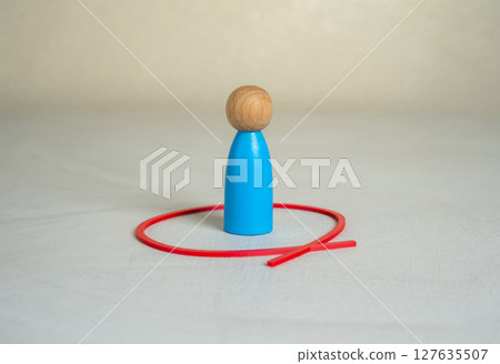 A blue human figure stands inside a red circle. Self-restraint. Comfort zone, personal boundaries 127635507