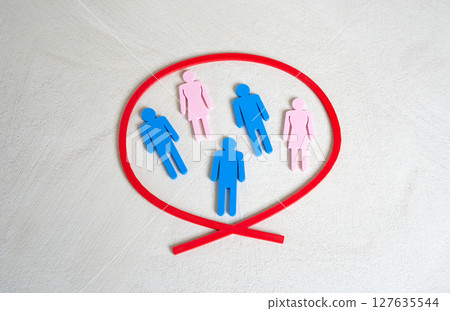 People are circled in red. Selection, exclusion, or targeted focus within a group. People are circled in red. Selection, exclusion, or targeted focus within a group. 127635544