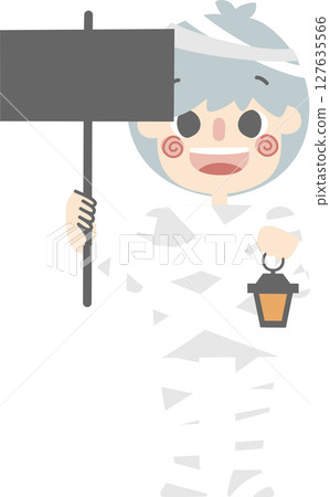 happy halloween holiday festival with boy wearing mummy costume holding blank sign, flat png illustration cartoon character design 127635566