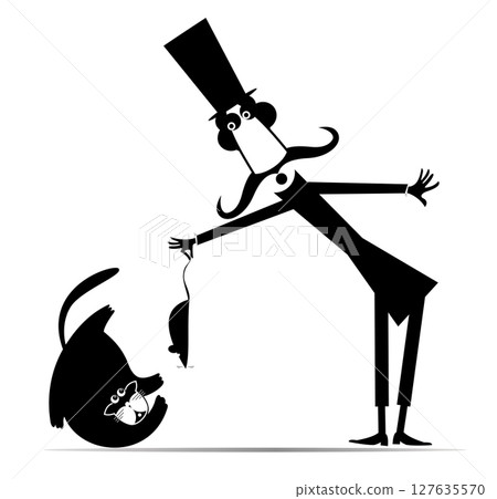 Man in the top hat holds a rat or mouse near a cat. Cartoon long mustache gentleman in the top hat holds rat or mouse by tail above the head of the cat. Black and white illustration 127635570
