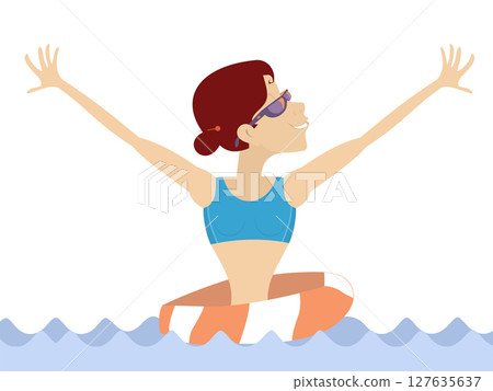 Swimming young woman with lifebuoy. Cartoon swimmer woman with lifebuoy. Summer. Resort. Recreation on the water 127635637