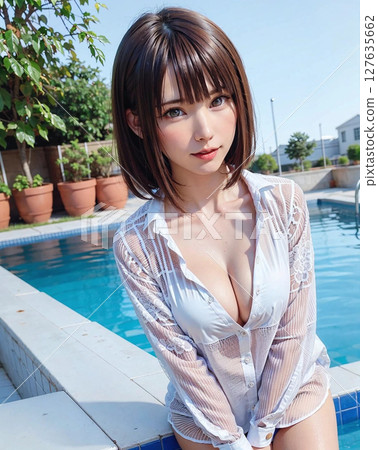 Half-Japanese woman standing in the pool 127635662