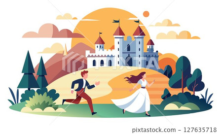 The romantic ambiance of a sunset is perfectly complemented by the image of a wedding couple running towards an old castle, their happiness radiating warmth and love. 127635718