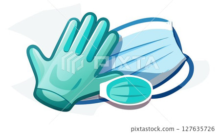 This high-resolution image of surgical gloves and a face mask on a pristine white surface provides a clean and professional aesthetic, suitable for various medical applications and communication mate 127635726