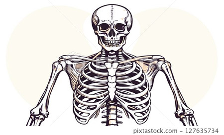 The image showcases a meticulously crafted anatomical drawing of the human skeleton, capturing the intricate details and proportions of each bone with remarkable precision, resulting in a visually st 127635734