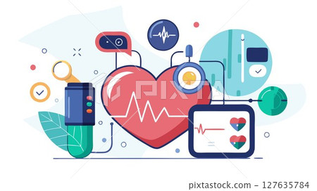 The image showcases a high-tech wearable heart monitor, highlighting its capabilities for continuous heart rate monitoring, data analysis, and integration with other health apps, creating a powerful 127635784