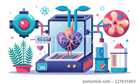 This image showcases a futuristic bioprinter, emphasizing its advanced capabilities in creating complex biological structures and its potential to address organ shortages and transform organ transpla 127635803