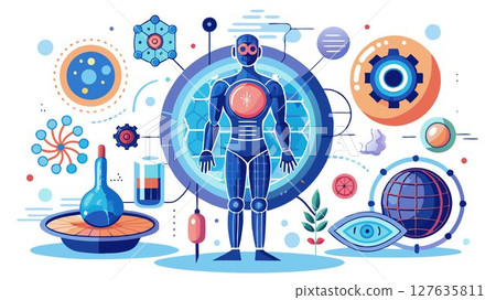 This image portrays a futuristic vision of human cell regeneration, highlighting the potential of advanced technologies to stimulate cellular repair and tissue regeneration, providing a powerful visu 127635811