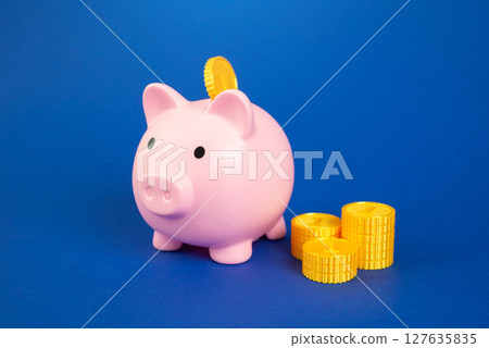 Piggy bank and money coins. Savings and deposits. Pension planning, budget discipline 127635835