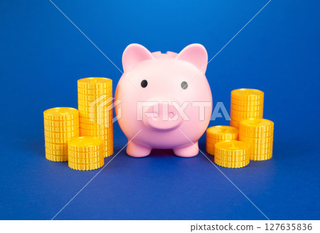 Piggy bank surrounded by money coins. Savings and deposits. Wealth accumulation 127635836