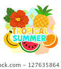 Tropical summer logo with fruits and hibiscus (with white border) 127635864
