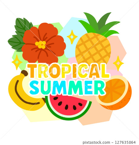 Tropical summer logo with fruits and hibiscus (with white border) 127635864