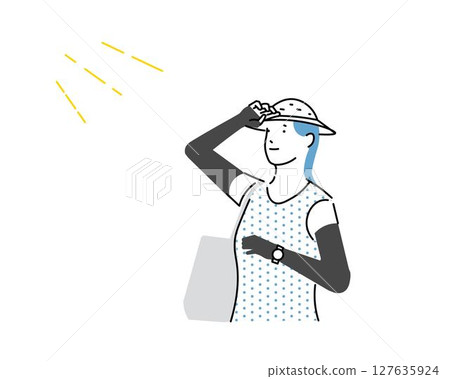 A woman bathing in the sunlight - Summer - Protecting her skin from UV rays with gloves and a hat - Illustration material of a person A woman bathing in the sunlight - Summer - Protecting her skin from UV rays with gloves and a hat - Illustration material of a person 127635924