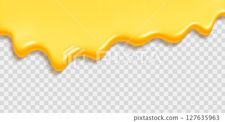 Yellow honey or ice cream melt dripping on transparent background - golden liquid flow with smooth wavy edges. Sweet dessert topping for food graphics, summer treat designs or confectionery packaging. Yellow honey or ice cream melt dripping on transparent background - golden liquid flow with smooth wavy edges. Sweet dessert topping for food graphics, summer treat designs or confectionery packaging. 127635963