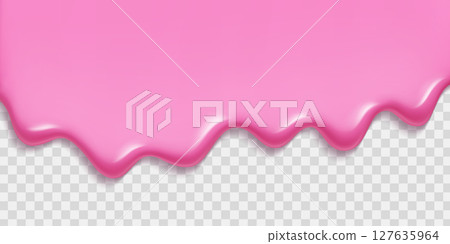 Melting pink ice cream flowing on transparent backdrop - glossy strawberry liquid drip with wavy edges. Sweet frozen dessert melt for candy graphics, food packaging or summer treat illustrations. Melting pink ice cream flowing on transparent backdrop - glossy strawberry liquid drip with wavy edges. Sweet frozen dessert melt for candy graphics, food packaging or summer treat illustrations. 127635964