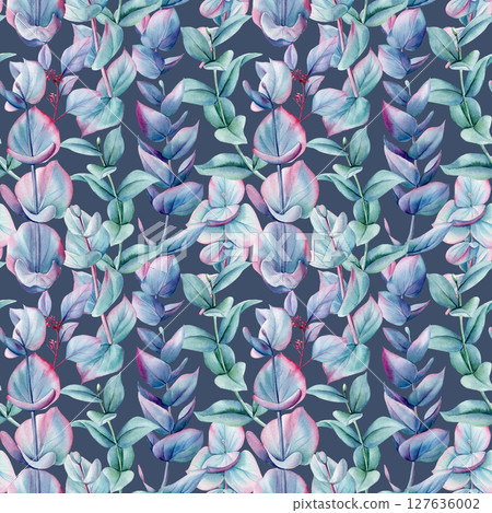 Watercolor eucalyptus seamless pattern with blue green and violet branches and leaves on white background hand drawn plants Watercolor eucalyptus seamless pattern with blue green and violet branches and leaves on white background hand drawn plants 127636002