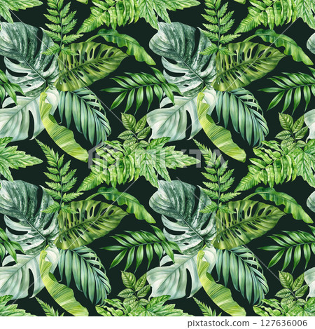 Tropical green leaves seamless pattern with watercolor monstera palm banana and fern foliage. Trendy textile print, exotic plants 127636006