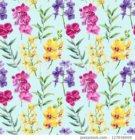 Watercolor orchid seamless pattern with pink yellow and purple phalaenopsis flowers and green leaves Summer pants Watercolor orchid seamless pattern with pink yellow and purple phalaenopsis flowers and green leaves Summer pants 127636009