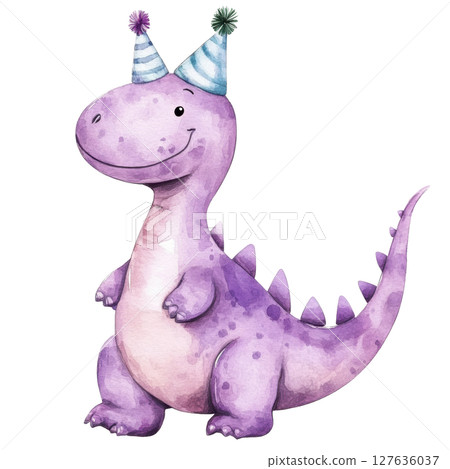Happy purple dinosaur birthday watercolor png clipart isolated on white background. Happy purple dinosaur birthday watercolor png clipart isolated on white background. 127636037