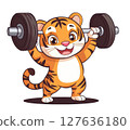 Cute tiger lifting a barbell cartoon transparent PNG isolated on white background. 127636180