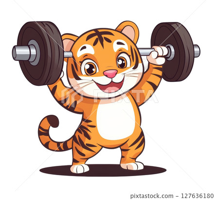 Cute tiger lifting a barbell cartoon transparent PNG isolated on white background. Cute tiger lifting a barbell cartoon transparent PNG isolated on white background. 127636180