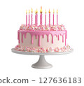 Pink birthday cake with candles transparent PNG isolated on white background. 127636183