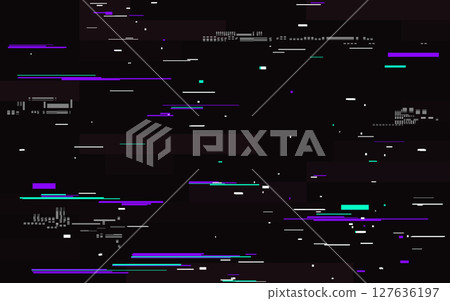 Digital glitch effect with violet and green lines. White distortion elements on black background. Bad video signal. Futuristic tech error screen. Abstract pixel noise. Vector Illustration Digital glitch effect with violet and green lines. White distortion elements on black background. Bad video signal. Futuristic tech error screen. Abstract pixel noise. Vector Illustration 127636197