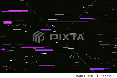 Glitch effect with pink and purple digital noise on black background. Futuristic distorted data texture. Overlay distortion lines for tech or sci-fi design. Error TV signal. Vector Illustration Glitch effect with pink and purple digital noise on black background. Futuristic distorted data texture. Overlay distortion lines for tech or sci-fi design. Error TV signal. Vector Illustration 127636198