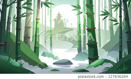 This image showcases a bamboo forest in an Asian setting, with a soft white fog creating a mystical and tranquil atmosphere, providing a visually appealing and versatile image for spa brochures, medi 127636264