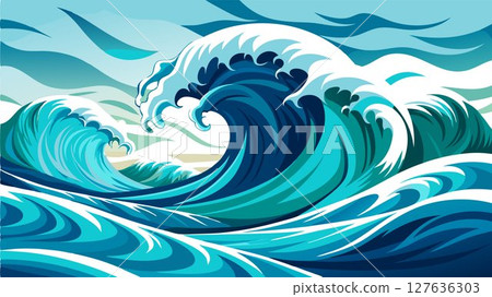 This image showcases the dynamic movement and textural complexity of ocean waves, highlighting their powerful forms and the interplay of light and shadow on the water's surface, providing a visually 127636303