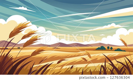 This image depicts a prairie landscape, emphasizing the swaying grasses and the vast expanse of the plains under a sky suggestive of wind and movement, providing a visually appealing image for nature 127636304