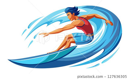This image depicts a surfer in action, emphasizing the dynamic movement of the wave and the surfer's skillful maneuvering, providing a visually compelling image for surfing magazines, travel brochure 127636305