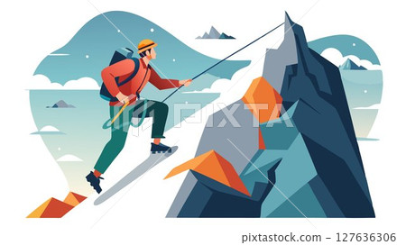 This image depicts a climber ascending a steep mountain, emphasizing the technical skills, physical endurance, and mental fortitude required for this challenging extreme sport, providing a compelling This image depicts a climber ascending a steep mountain, emphasizing the technical skills, physical endurance, and mental fortitude required for this challenging extreme sport, providing a compelling 127636306