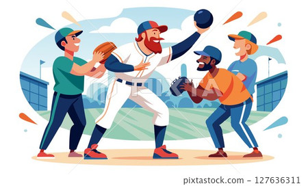 This image depicts a pivotal moment in a baseball game, emphasizing the athleticism, skill, and strategic teamwork of the players, providing a compelling visual for sports publications, baseball mark 127636311
