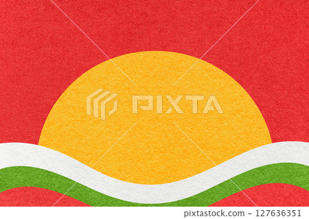 Red textured paper background with yellow circle for copy space and white, green waves for banner, presentation Red textured paper background with yellow circle for copy space and white, green waves for banner, presentation 127636351
