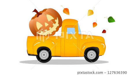 A bright orange truck drives through an autumn landscape, featuring a large carved pumpkin in its bed. Halloween. Colorful leaves fall gently, creating a festive seasonal atmosphere A bright orange truck drives through an autumn landscape, featuring a large carved pumpkin in its bed. Halloween. Colorful leaves fall gently, creating a festive seasonal atmosphere 127636390