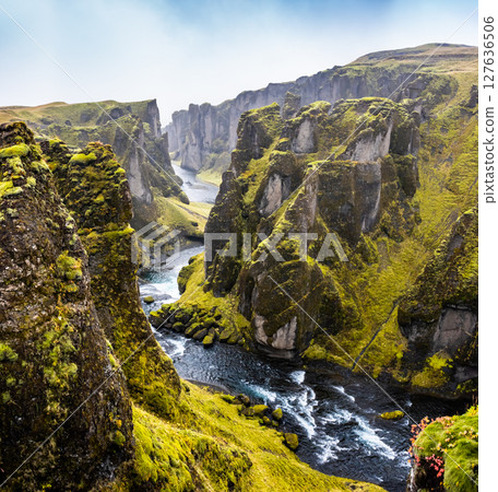 Unique landscape of Fjadrargljufur in Iceland. Top tourism destination. Fjadrargljufur Canyon is a massive canyon about 100 meters deep, located in South East of Iceland. 127636506