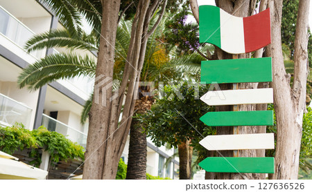 Empty green and white direction sign with Italian flag on tree, copy space. Travel guidance, Mediterranean tourism and city navigation near coastal resort. 127636526