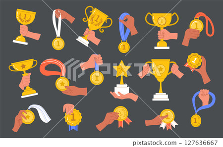 Awards in hands. Sport trophy collection triumph medals and badges recent vector illustrations stylized in flat style Awards in hands. Sport trophy collection triumph medals and badges recent vector illustrations stylized in flat style 127636667