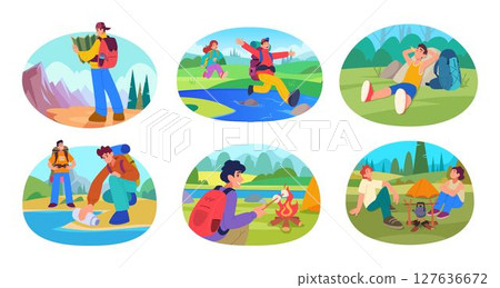 Traveller. Backpacker solo tourist outdoor vacation wild adventure exact vector hiking activity 127636672